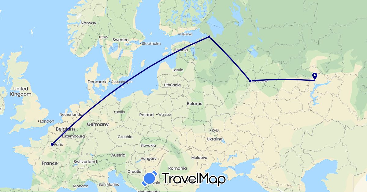 TravelMap itinerary: driving in France, Russia (Europe)