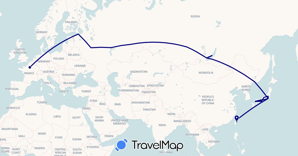 TravelMap itinerary: driving in France, Japan, Russia, Taiwan (Asia, Europe)